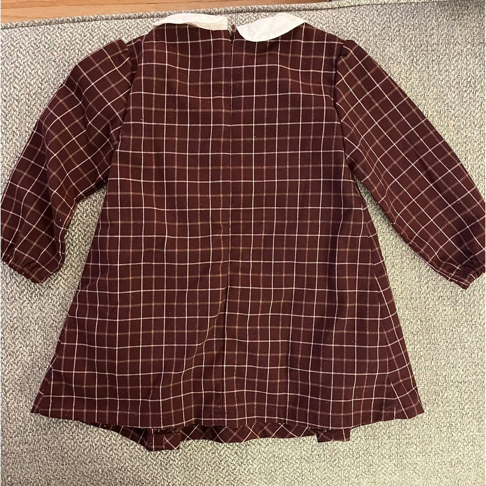 Chickeeduck Preppy Redwood‎ plaid and white Peter Pan collar bow detail Dress 3T - Picture 4 of 6
